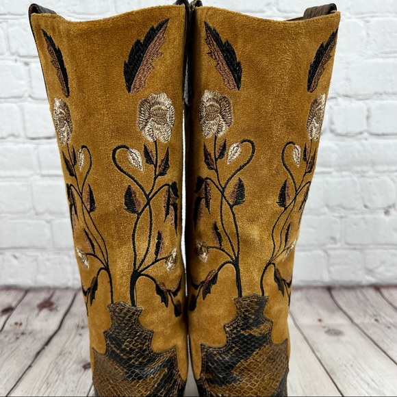 Antonio Melani Brown Suede and Snakeskin Floral Embroidery Heeled Cowboy Boots - Picture 11 of 16